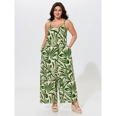 Bloomchic Supersoft Abstract Print Spaghetti Strap Wide Leg Jumpsuit In Truegreen