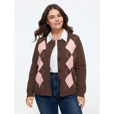 Bloomchic Supersoft Argyle Pattern Button‑down Cardigan In Browncoffeecolor