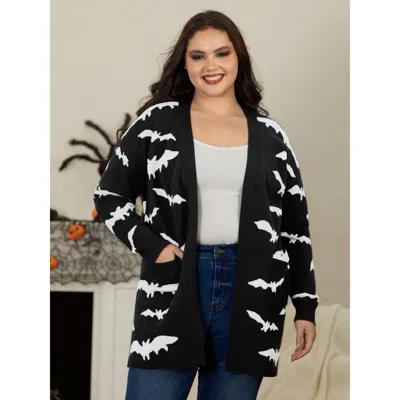 Bloomchic Supersoft Bat Jacquard Pocket Open‑front Cardigan In Black