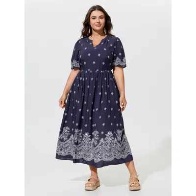 Bloomchic Supersoft Boho Print Elastic Waist Flowy Midi Dress In Indigo