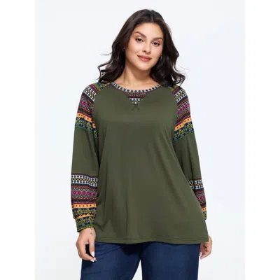 Bloomchic Supersoft Boho Stripes Spliced T-shirt In Rifle Green