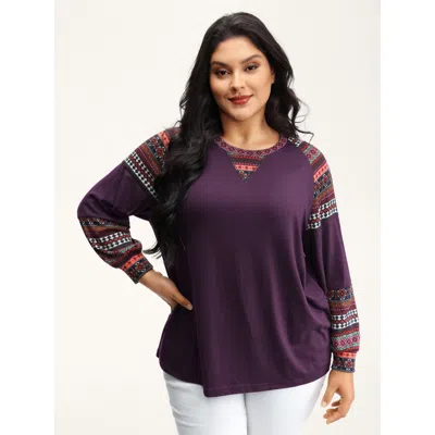 Bloomchic Supersoft Boho Stripes Spliced T-shirt In Royal Purple