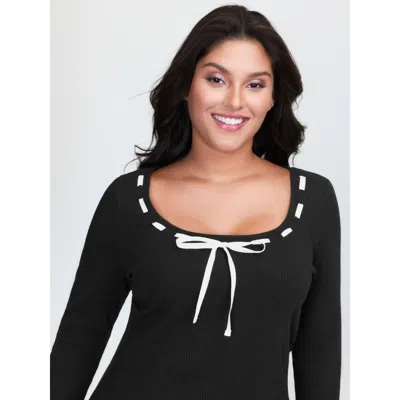 Bloomchic Supersoft Bow Tie Detail Ribbed Knit Top In Black