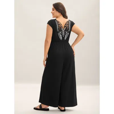 Bloomchic Supersoft Butterfly Backless Stretchy Wide-leg Jumpsuit In Black