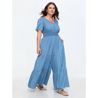 Bloomchic Supersoft Button Detail Shirred Waist Faux Denim Jumpsuit In Blue
