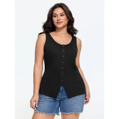 Bloomchic Supersoft Button Front Split Hem Tank Top In Black