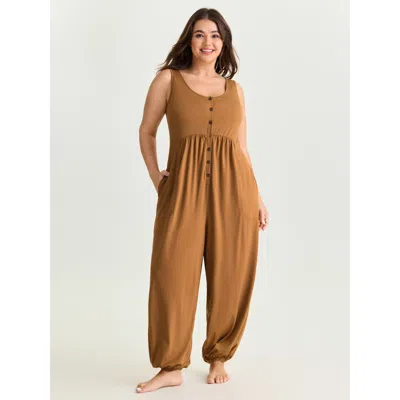 Bloomchic Supersoft Buttons Pleated Cuffed Hem Lounge Jumpsuit In Brown