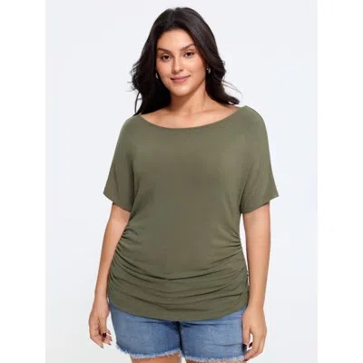 Bloomchic Supersoft Cashmere Like Boat Neck Ruched T-shirt In Green