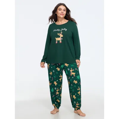 Bloomchic Supersoft Christmas Reindeer Print Loungewear Set In Green