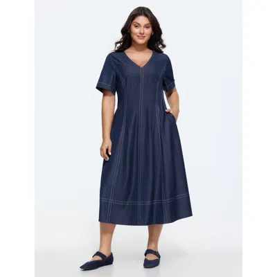 Bloomchic Supersoft Cinched-waist Pockets Seamed Faux Denim Midi Dress In Blue