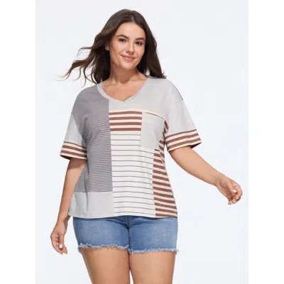 Bloomchic Supersoft Color Block Stripe V Neck T-shirt In Originalwhite