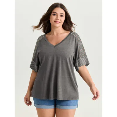 Bloomchic Supersoft Color Contrast Sleeve V-neck T-shirt In Gray