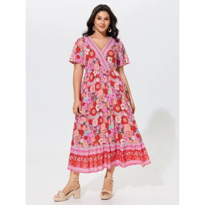 Bloomchic Supersoft Colorful Floral Print V Neck Ruffle Sleeve Midi Dress In Blush