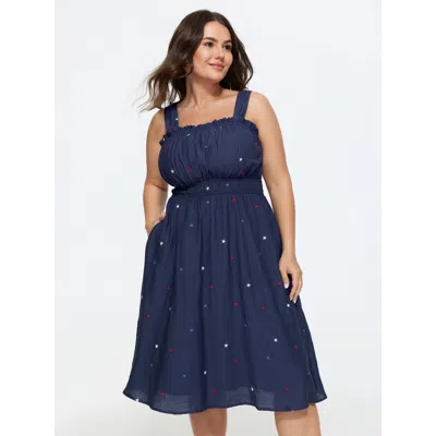 Bloomchic Supersoft Colorful Star Embroidered Wide Strap Midi Dress In Blue