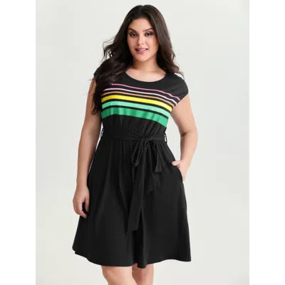 Bloomchic Supersoft Colorful Striped Print Mini Dress In Black
