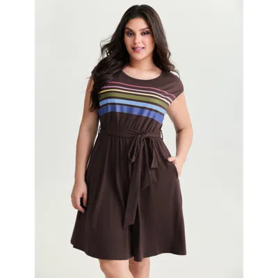 Bloomchic Supersoft Colorful Striped Print Mini Dress In Brown