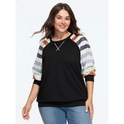 Bloomchic Supersoft Colorful Striped Sleeve Criss‑cross Stitch Sweatshirt In Black