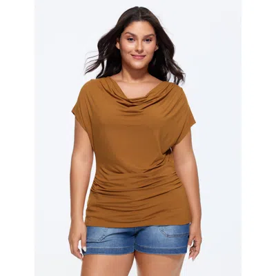 Bloomchic Supersoft Cowl Neckline Ruched Knit Top In Brown