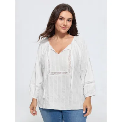 Bloomchic Supersoft Crochet Lace V Neck Drawstring Blouse In White