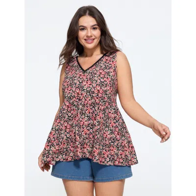 Bloomchic Supersoft Ditsy Floral Print Lace Trim Tank Top In Crimson