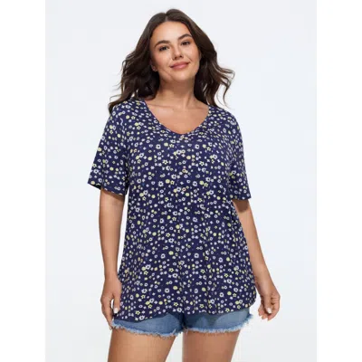 Bloomchic Supersoft Ditsy Floral Print V Neck Button T-shirt In Blue