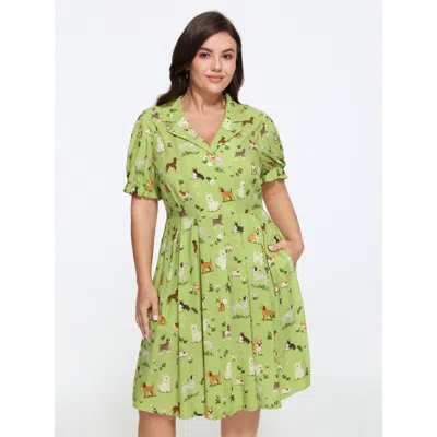 Bloomchic Supersoft Dog Print Button Front Pockets Mini Dress In Greenbean