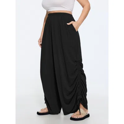 Bloomchic Supersoft Elastic Waist Side Drawstring Wide Leg Pants In Black