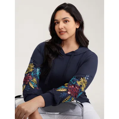 Bloomchic Supersoft Embroidered Sleeve Solid Hoodie In Blue