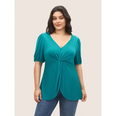 Bloomchic Supersoft Essentials Twist Front Elastic Cuffs Knit Top In Blue