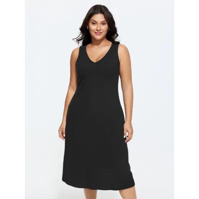 Bloomchic Supersoft Everyday Stretchy V-neck Plain Midi Dress In Black