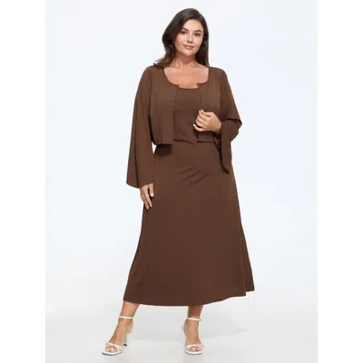 Bloomchic Supersoft Flare Sleeve Cropped Cardigan Two‑piece Dress Set In Browncoffeecolor