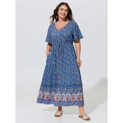 Bloomchic Supersoft Floral Color Contrast Print Maxi Dress In Bluepurple