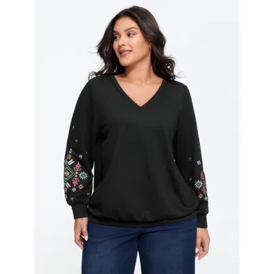 Bloomchic Supersoft Floral Embroidery Relaxed Fit Sweatshirt In Black