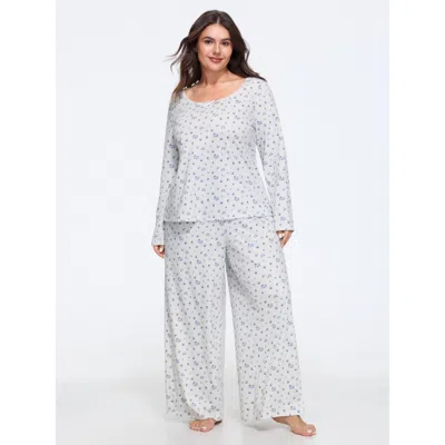 Bloomchic Supersoft Floral Print Lace Trim Loungewear Set In White