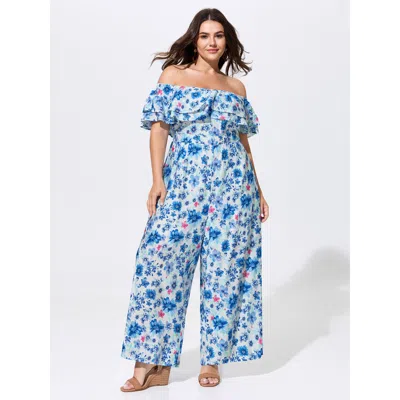 Bloomchic Supersoft Floral Print Off-shoulder Breezy Jumpsuit In Blue