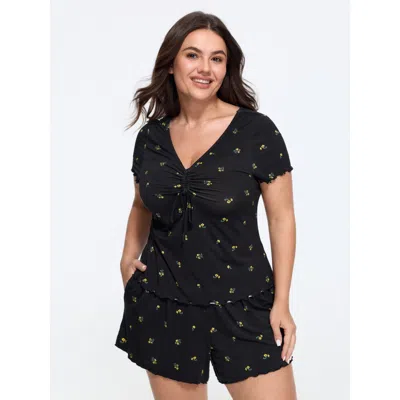 Bloomchic Supersoft Floral Print Ruched Front Pajama Set In Black