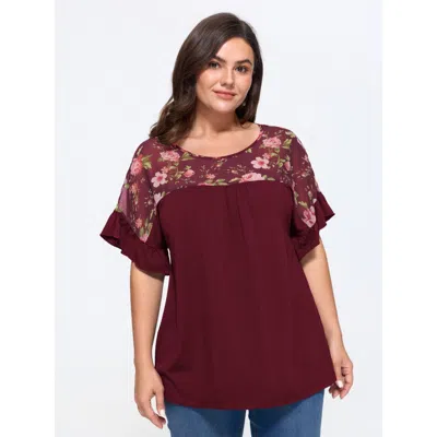 Bloomchic Supersoft Floral Print Ruffle Sleeve Patchwork Top In Merlot