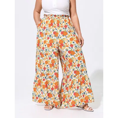 Bloomchic Supersoft Floral Print Ruffled Hem Pants In Gold