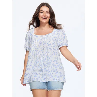 Bloomchic Supersoft Floral Print Square Neck Pleat Blouse In Originalwhite