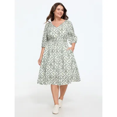 Bloomchic Supersoft Floral Print Tie Neck Shirred Waist Midi Dress In Greenbean