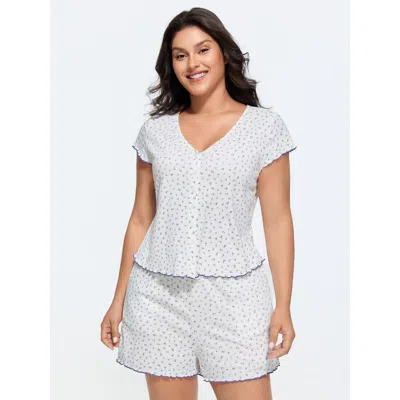 Bloomchic Supersoft Floral Print V-neck Pajama Set In White