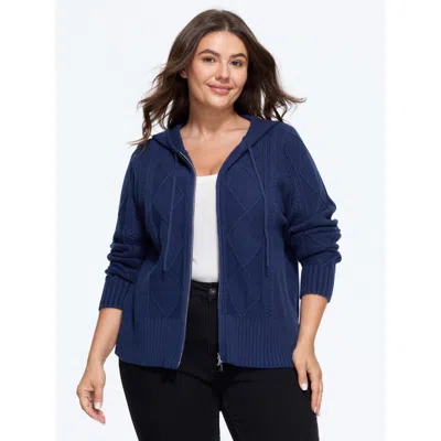 Bloomchic Supersoft Full Zip Cable Knit Hooded Cardigan In Blue