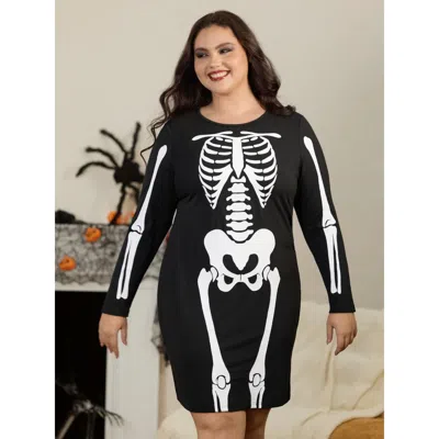 Bloomchic Supersoft Full‑body Bone Print Crew Neck Nightgown In Black