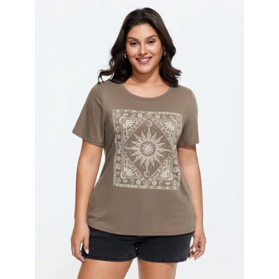 Bloomchic Supersoft Geometric Print Round Neck Long T-shirt In Burgundy