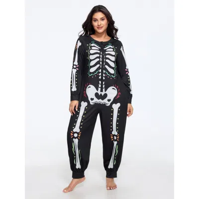 Bloomchic Supersoft Halloween Skeleton Button‑front Lounge Jumpsuit In Black