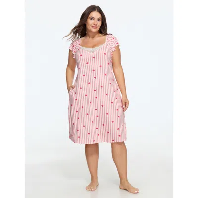 Bloomchic Supersoft Heart Striped Lace Trim Nightgown In Pink