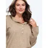 Bloomchic Supersoft Heather Button Down Hooded Pullover In Lightbrown