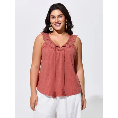 Bloomchic Supersoft Lace Neckline Sleeveless Knit Top In Pink
