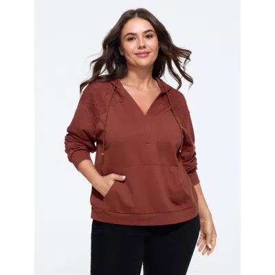 Bloomchic Supersoft Lace Shoulder Splice Pocket Sweatshirt In Brown