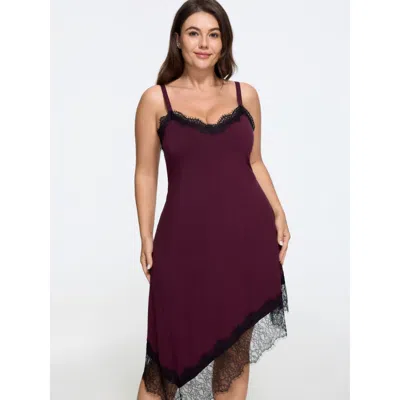 Bloomchic Supersoft Lace Trim Asymmetric Hem Slip Nightgown In Burgundy